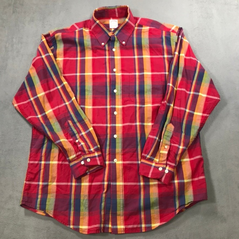 Brooks Brothers Shirt Mens Large Red Plaid Excellent Cotton Button Down 346